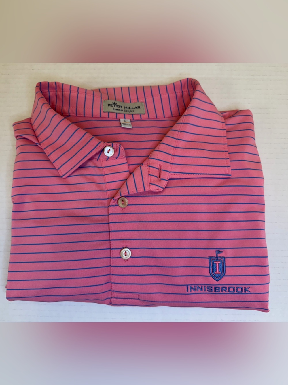 Peter Millar Summer Comfort Polo - Large - Pink, Blue Striped Innisbrook Logo